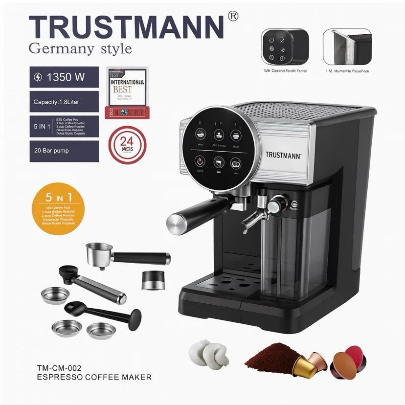 Machine à café et Lait inox 5 en1 Multi Capsules 1350W 20 Bar TRUSTMANN  ماكينة تحضيرالقهوة إسبريسو و الكابتشينو 5في1  (كابسولات + دولتشي جوستو + قهوة مطحونة + دوسات +الكابتشينو