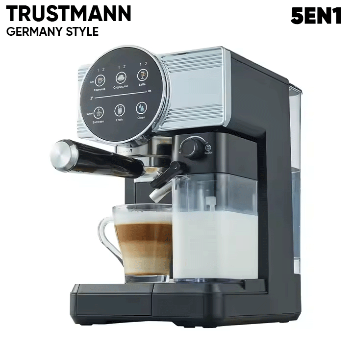 Machine à café et Lait inox 5 en1 Multi Capsules 1350W 20 Bar TRUSTMANN  ماكينة تحضيرالقهوة إسبريسو و الكابتشينو 5في1  (كابسولات + دولتشي جوستو + قهوة مطحونة + دوسات +الكابتشينو